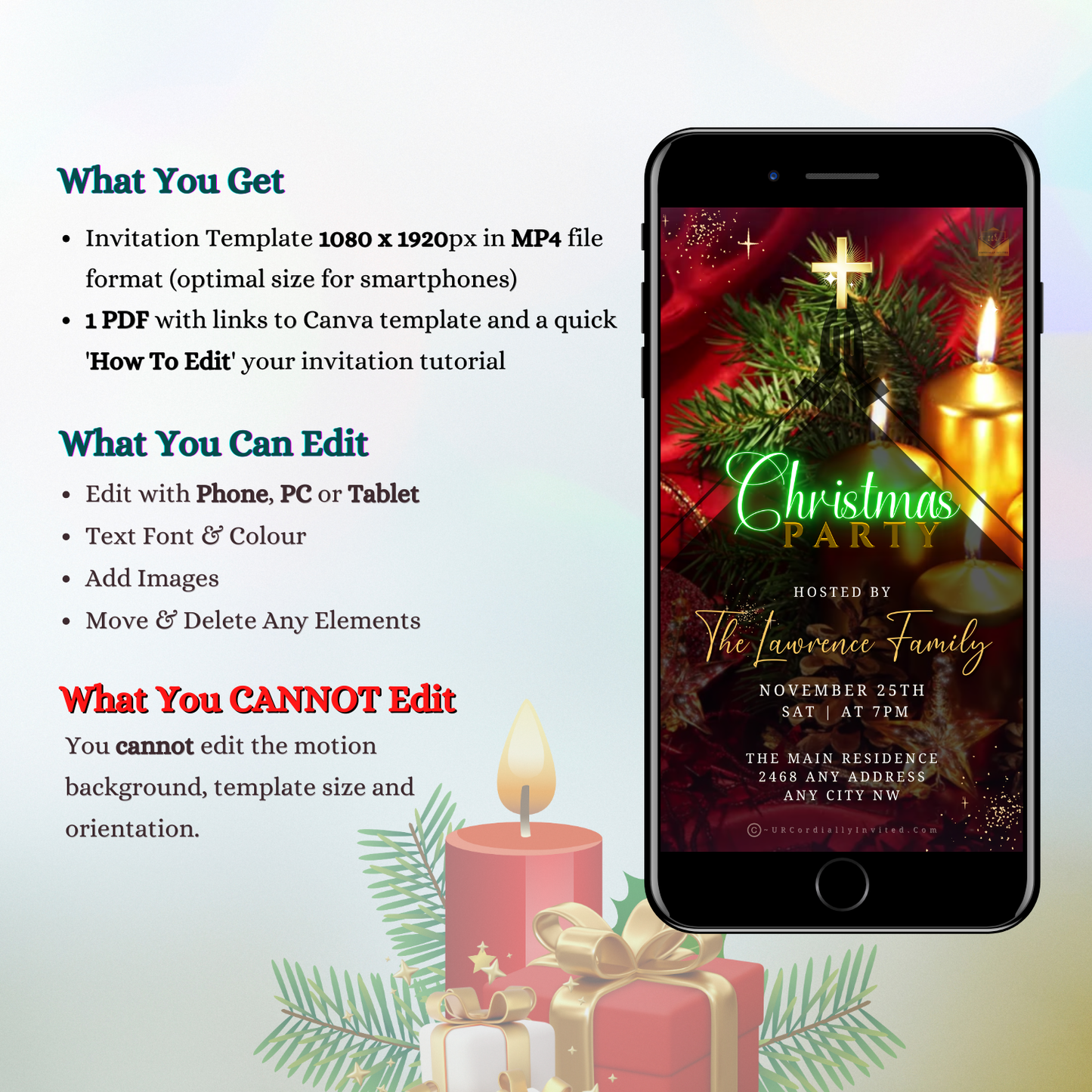 Religious Christmas Party Video Invitation on a smartphone screen, featuring a Christmas party invite with festive elements like candles and gifts.