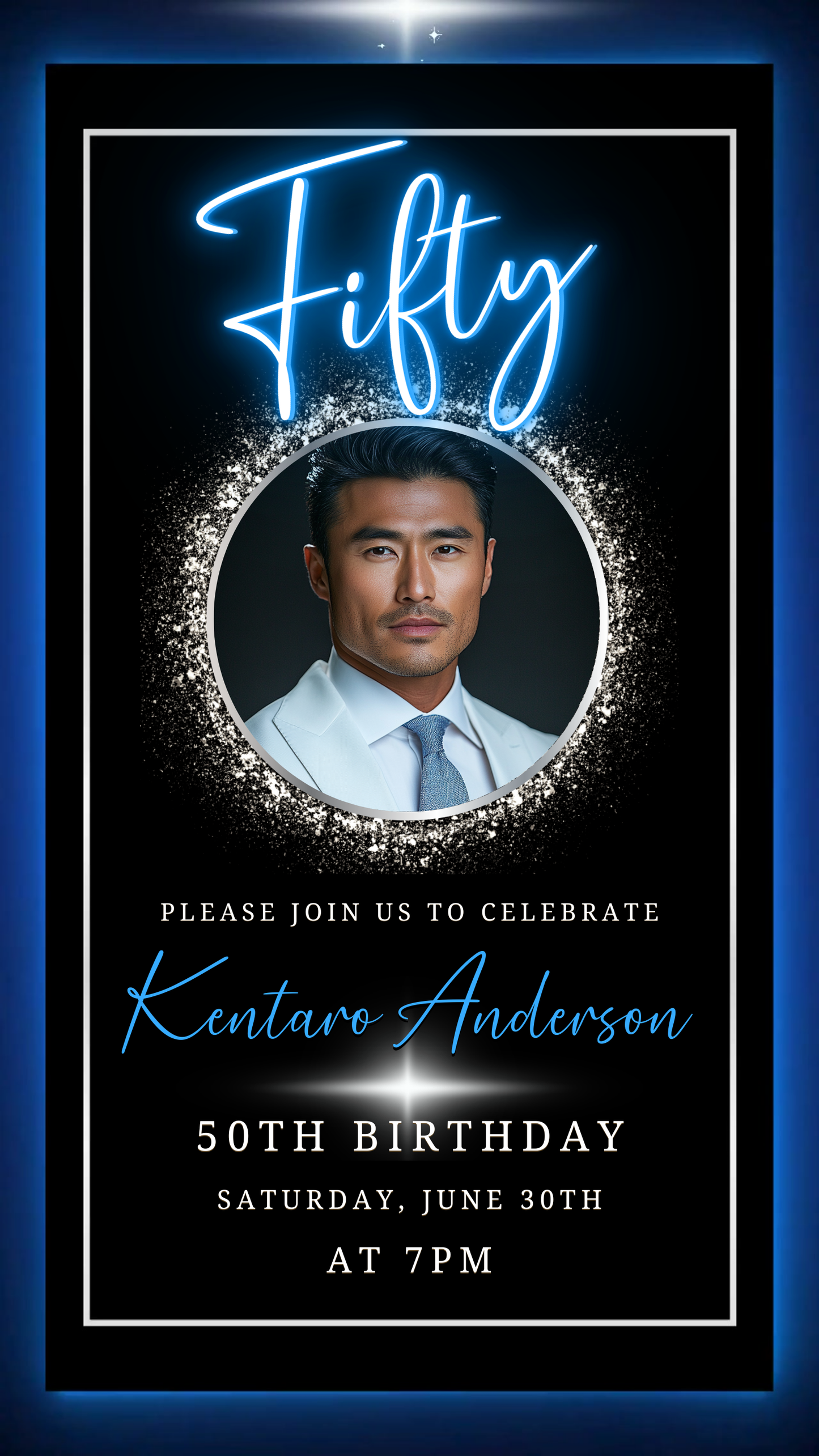 Man in a white suit with a blue tie, representing the Blue & Silver 50th Birthday Video Invitation - With Oval Photo Frame, showcasing elegance for milestone celebrations.