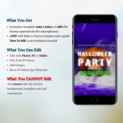 A smartphone displaying a Misty Purple Smoke Pumpkin Halloween Party Video Invite.