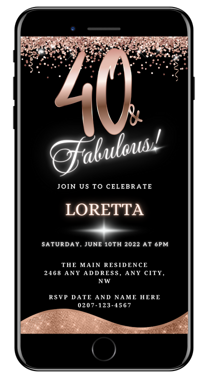 Rose Gold Glitter Black | 40 & Fabulous Party Evite featuring editable white text on a black background with gold accents and confetti, perfect for digital invitations via Canva.