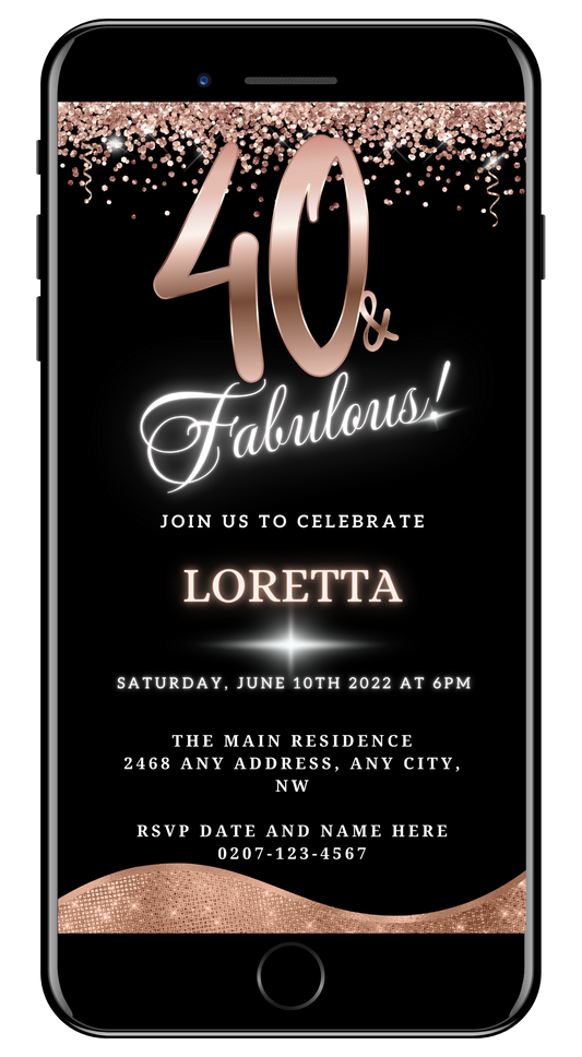 Rose Gold Glitter Black | 40 & Fabulous Party Evite featuring editable white text on a black background with gold accents and confetti, perfect for digital invitations via Canva.