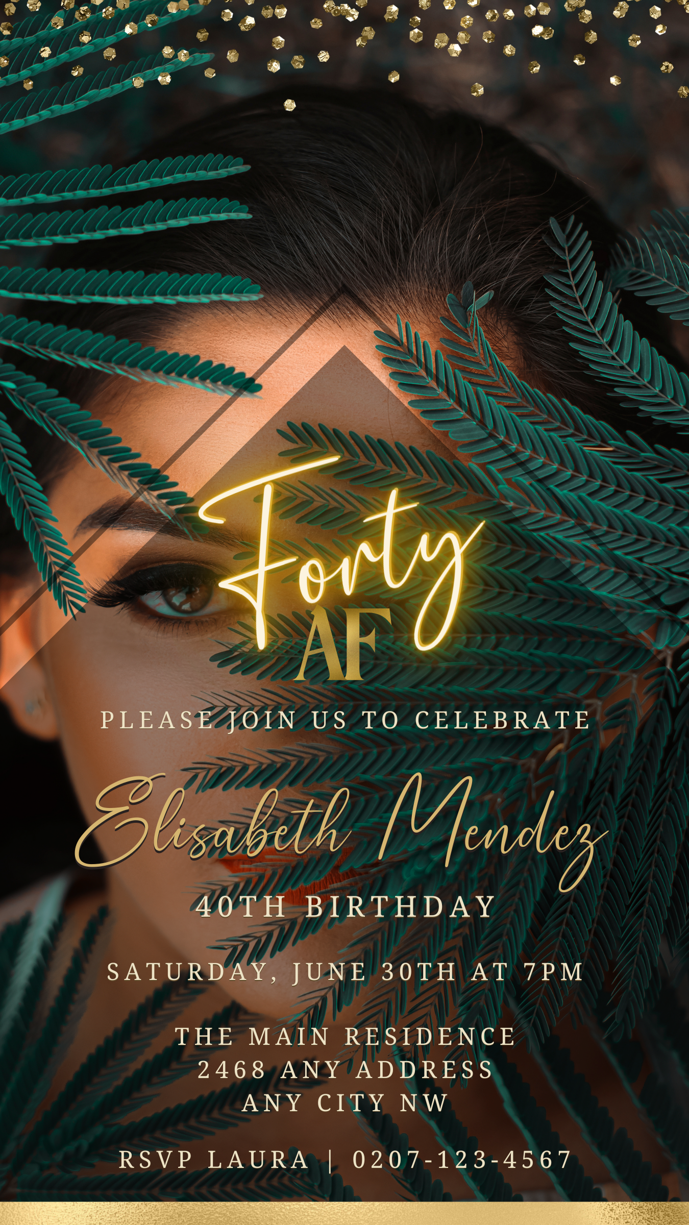 Woman's face surrounded by leaves, featuring a customizable digital photo background for a 40AF birthday evite, editable with Canva for smartphone use.