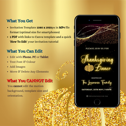 Gold Pumpkin Motion Glitter Thanksgiving Dinner Video Invite displayed on a mobile phone screen, featuring an animated gold pumpkin with sparkling glitter on a black background.