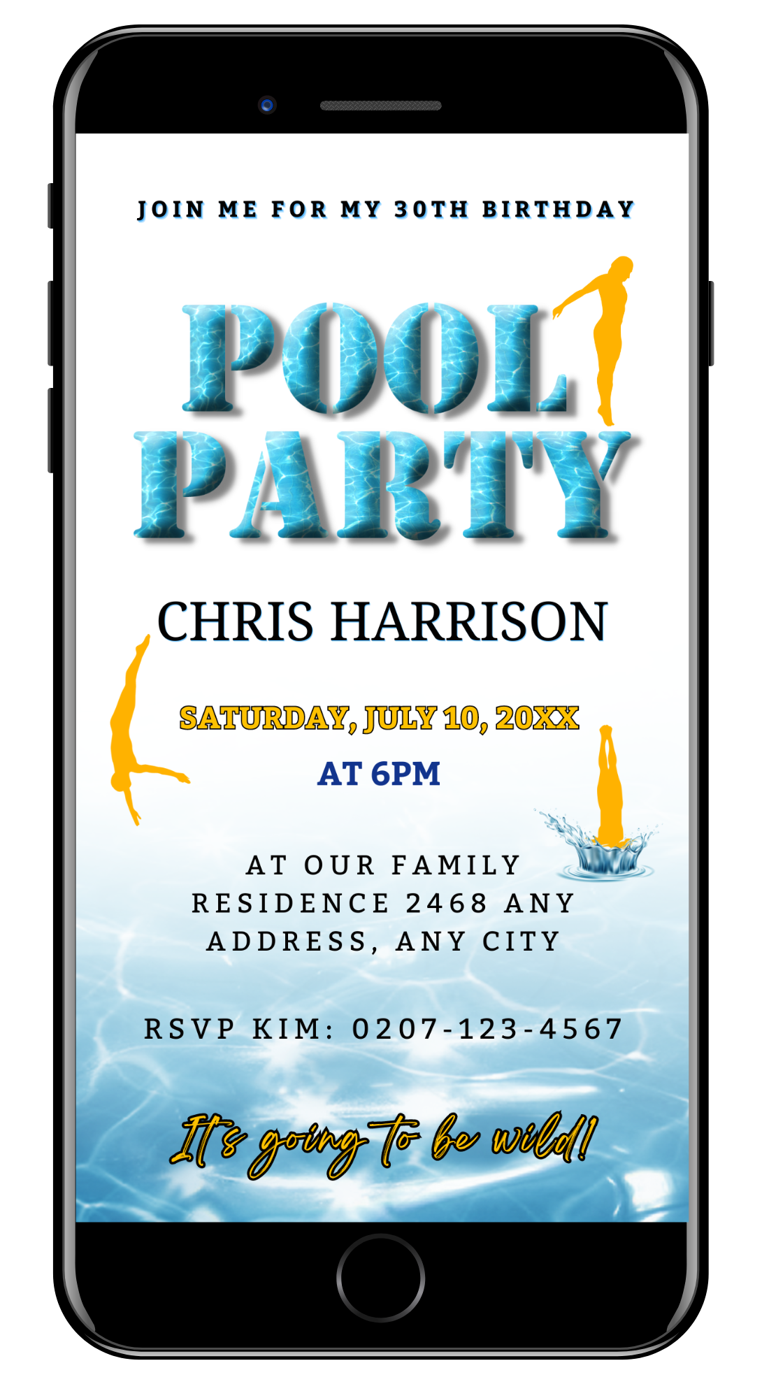 Cell phone displaying a customizable Splash Swimming Pool digital party invitation template for editing and sending via mobile apps.