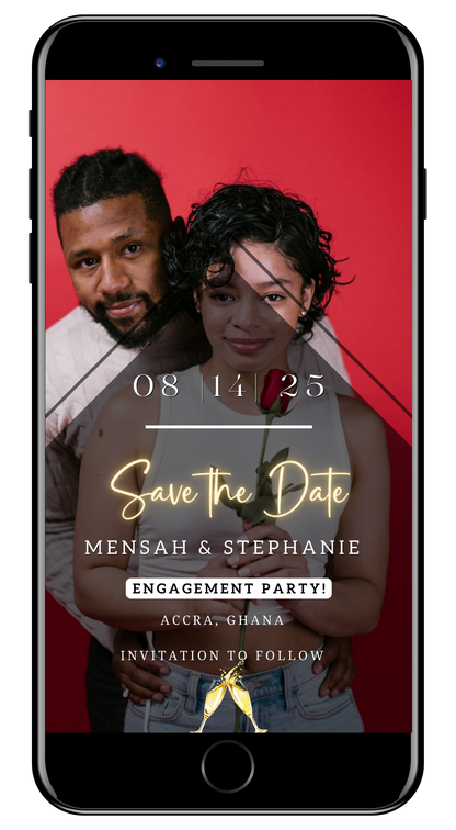 Man and woman smiling, holding a rose, promoting the Editable Digital Diamond Photo Engagement | Save The Date Evite from URCordiallyInvited.