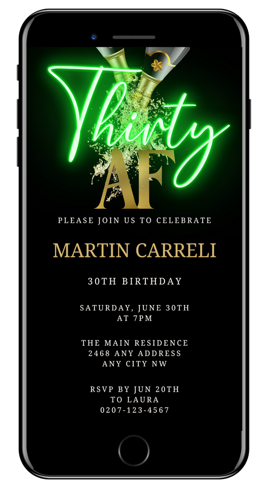 Customizable digital invitation template for a Thirty AF party, featuring neon green text on a black background, designed for easy edits via Canva on smartphones.