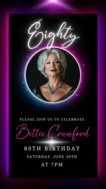 Woman in a black dress showcasing the 70th Birthday Video Invitation with a pink and purple oval photo frame, highlighting elegance for milestone celebrations.