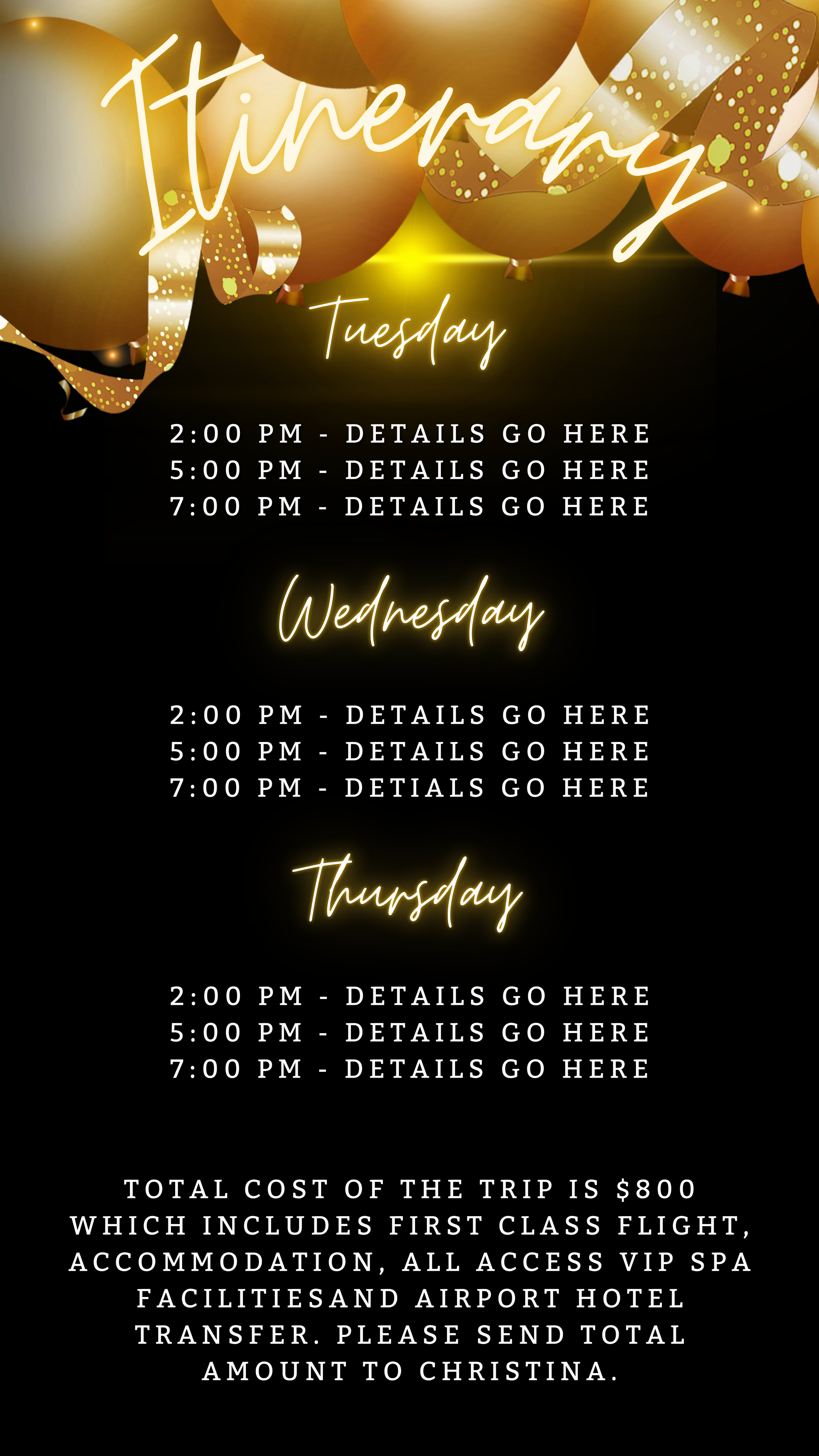 Black Neon Gold Balloons | 7 Day Getaway Birthday Evite with customizable text for digital invitations, featuring a sleek black and gold design for easy personalization.