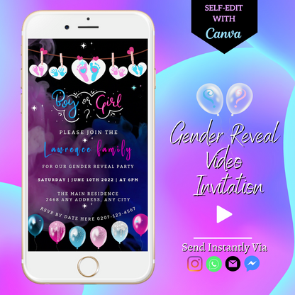 Customizable Gender Reveal Video Invitation for smartphone, featuring Dark Pink and Blue Sky Hearts. Personalize with Canva and share via text or email.