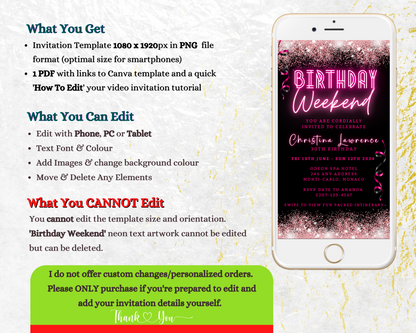 Neon Pink Glitter Confetti Weekend Party Evite displayed on a smartphone screen, showcasing vibrant customizable text for easy digital invitations via Canva.