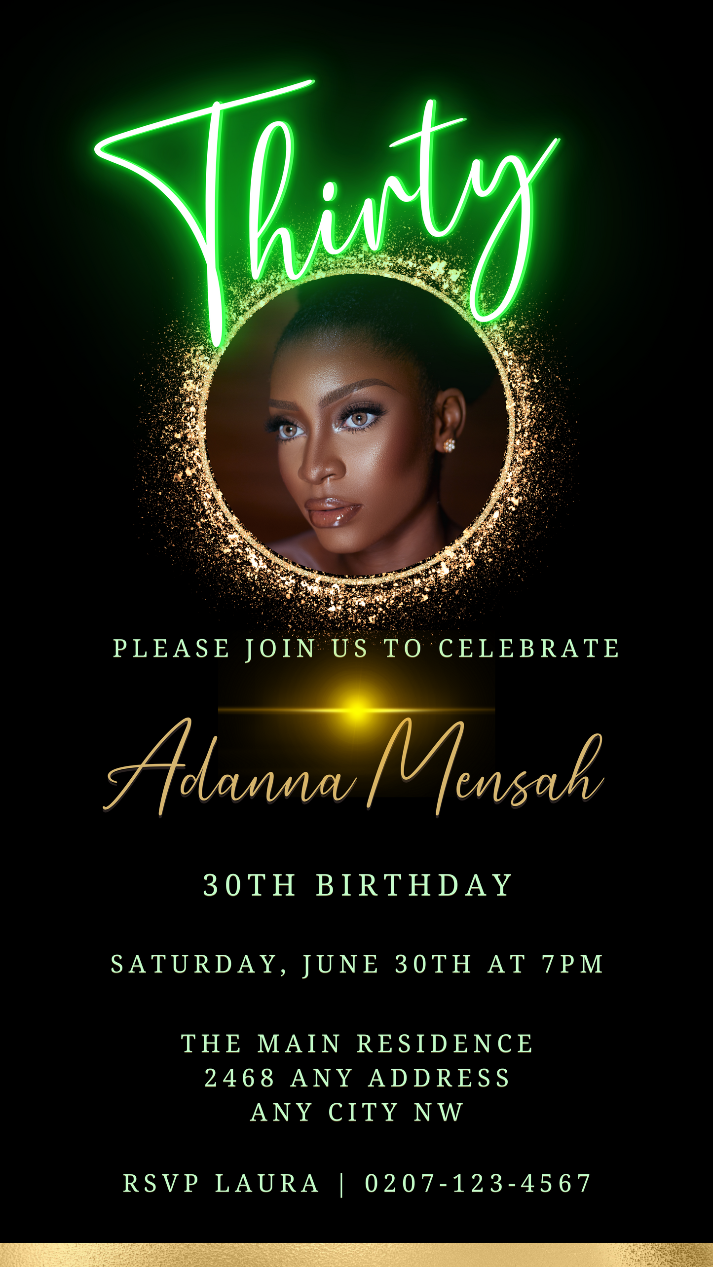 Digital 30th Birthday Evite with customizable oval gold photo frame and neon accents, featuring a woman's face, editable via Canva for easy electronic sharing.