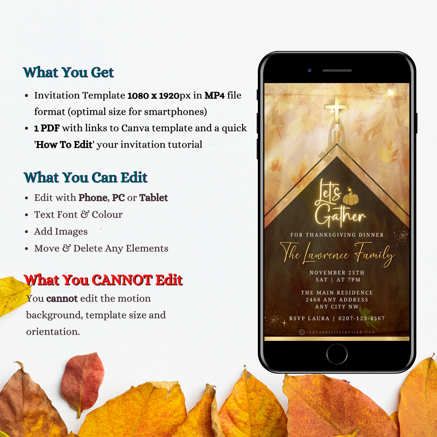 Thanksgiving Dinner Golden Cross Video Invitation featuring an animated white pumpkin with gold neon accents beside autumn leaves, perfect for elegant digital celebrations.