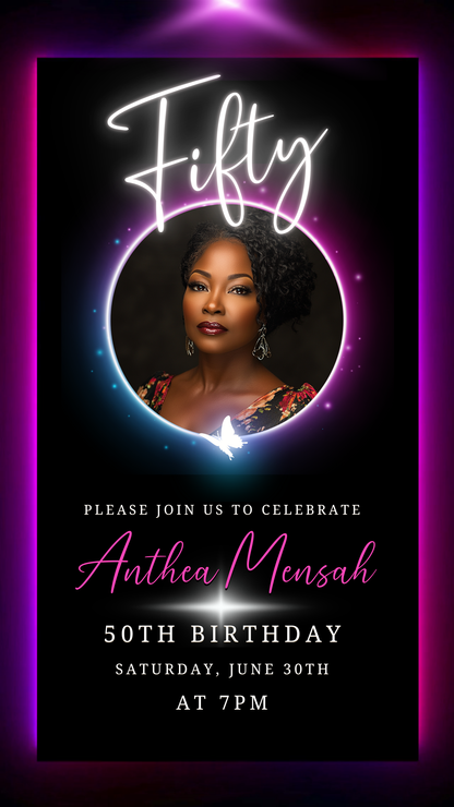 50th Birthday Video Invitation featuring a woman with curly hair, surrounded by a glowing oval frame, designed for elegant milestone celebrations.