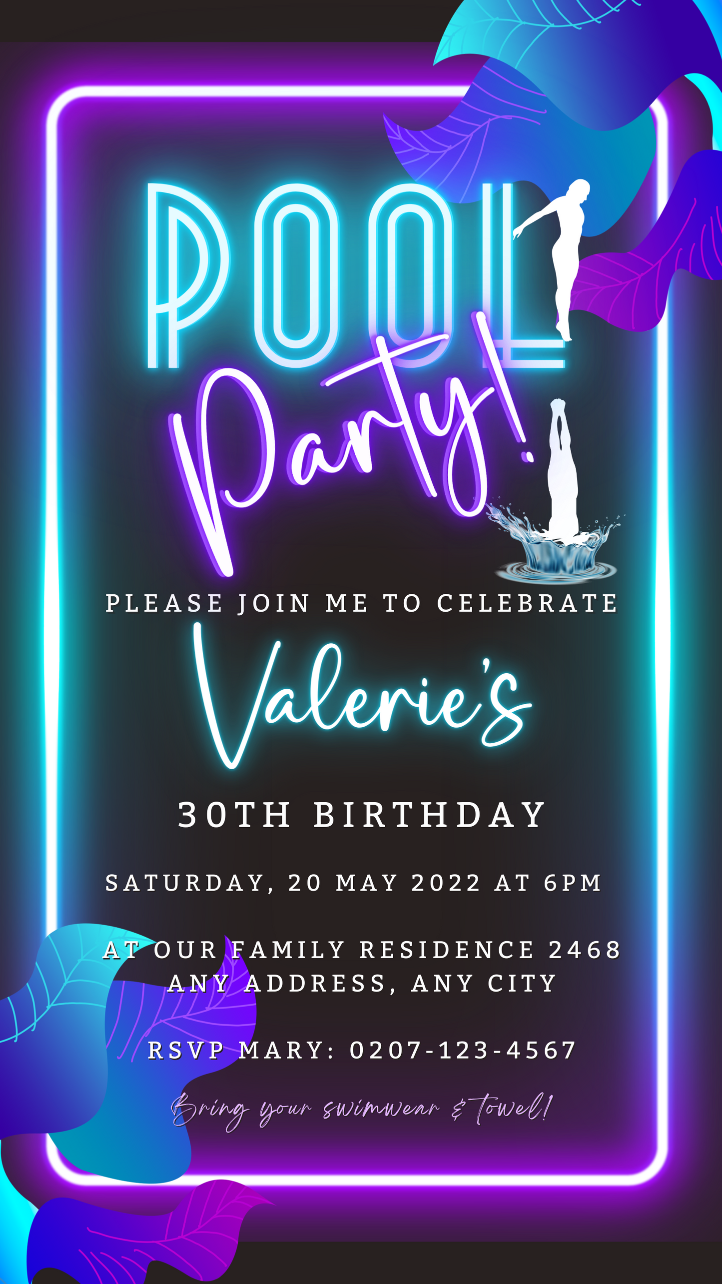 Neon Pool Party | Digital Invite with customizable text and graphics, featuring a vibrant design for electronic invitations via smartphone, editable using Canva.