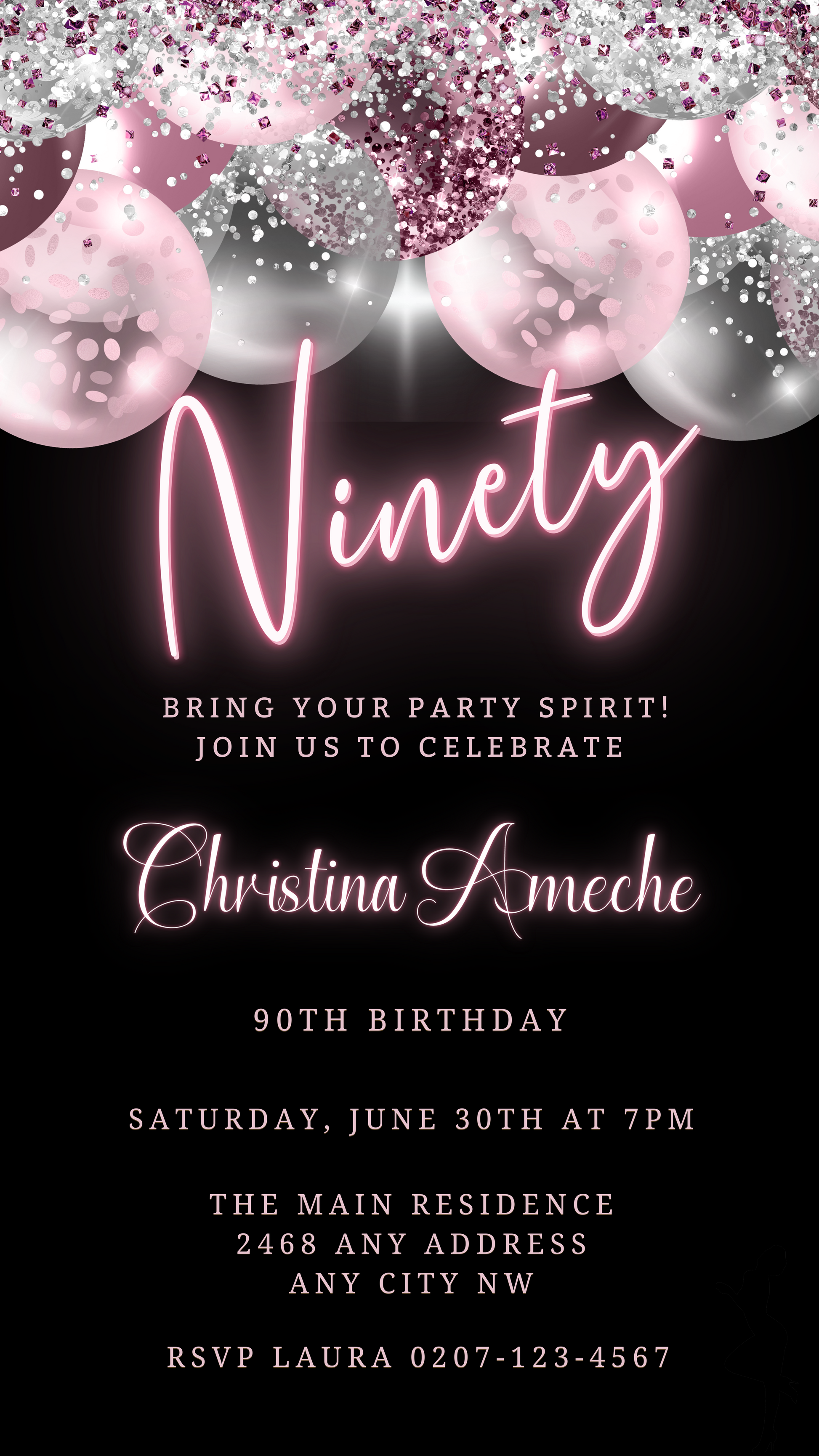 Customisable Mauve Pink Silver Neon 90AF Birthday Evite featuring a black and pink design with balloons, editable text in Canva for electronic sharing.
