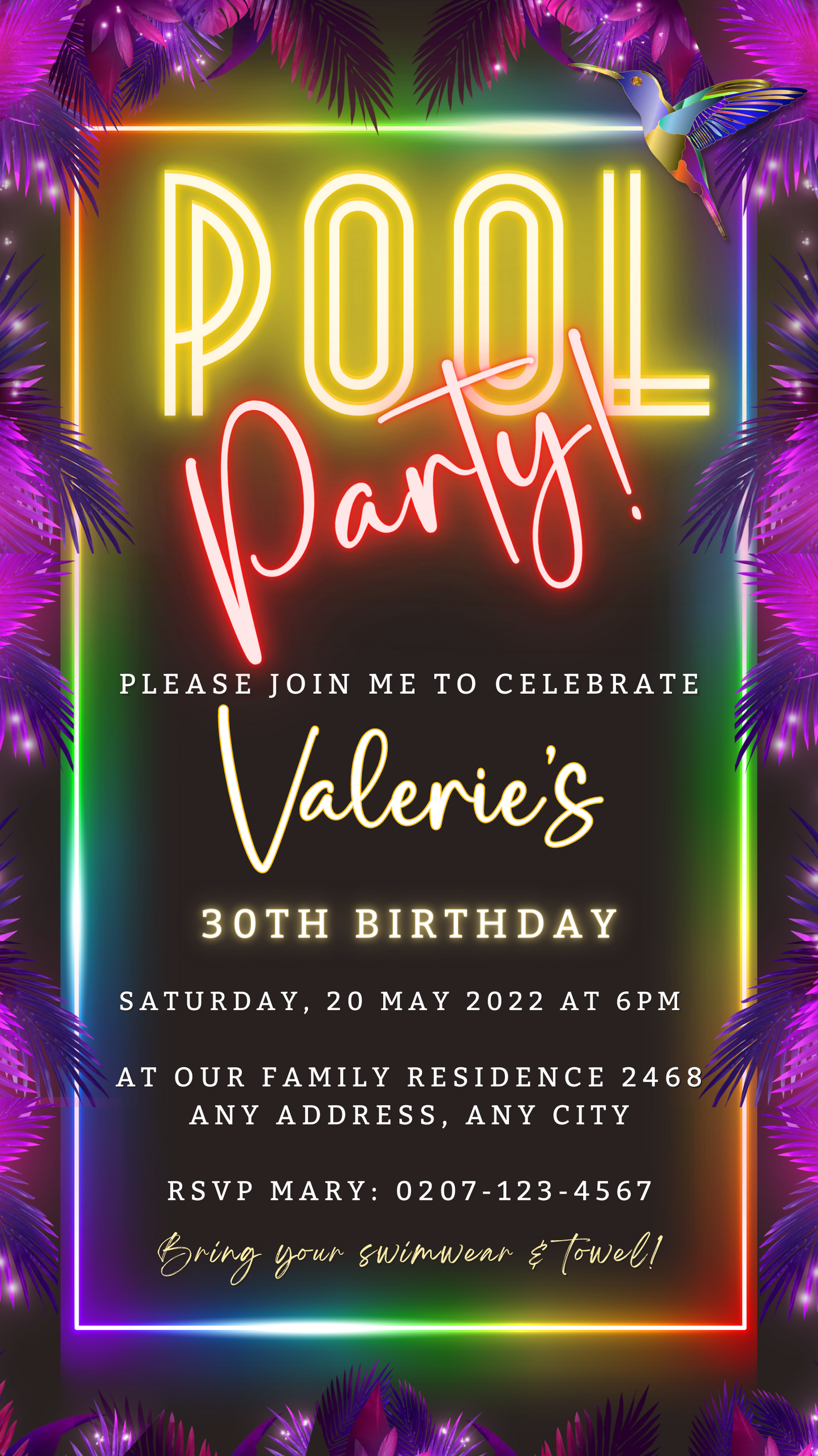 Tropical Neon Pool Party digital invite featuring neon lights and palm leaves, customizable via Canva for smartphone sharing through text, email, or messenger.