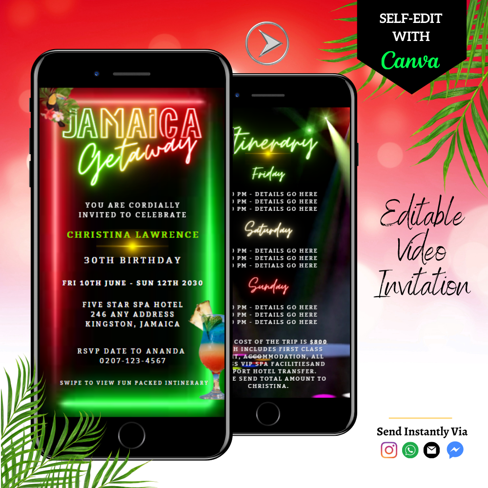 Customizable video invitation for Jamaica Girl's Getaway displayed on smartphones, showcasing editable text and graphics for party details.