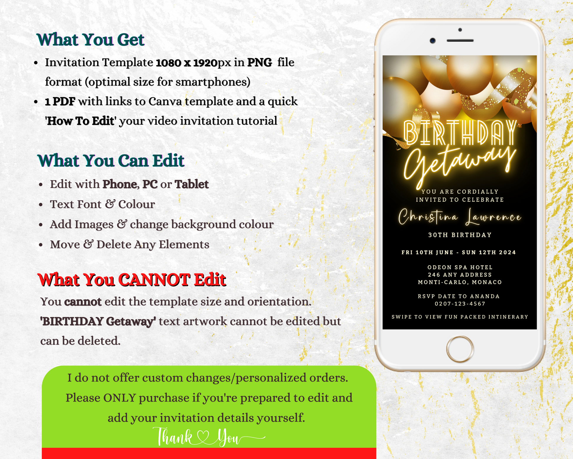 Black Neon Gold Balloons | 7 Day Getaway Birthday Evite displayed on a smartphone screen, showcasing customisable digital invitation template.