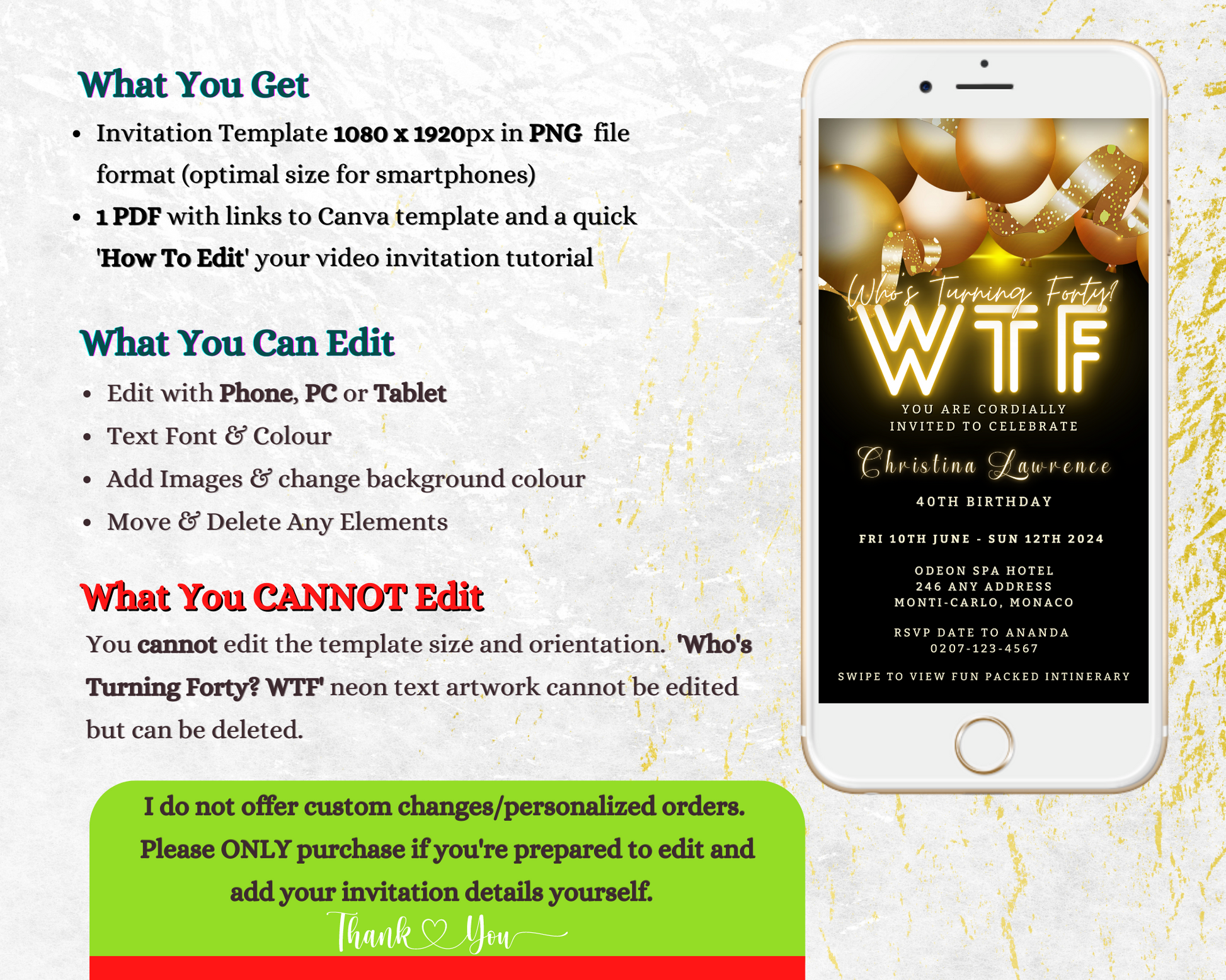 Smartphone screen displaying a customizable Black Neon Gold Floating Balloons WTForty Weekend digital invitation template with gold balloons and editable text, for use with Canva.