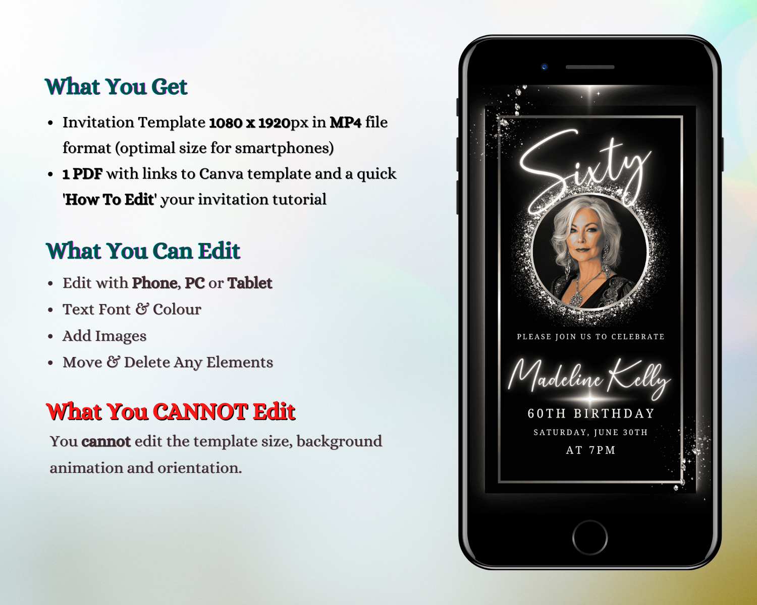 60th Birthday Video Invitation - Black White Silver Oval Photo Frame Animated Invite displayed on a smartphone mock-up, showcasing customizable text and a chic design.