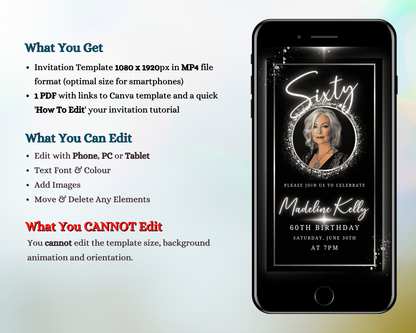 60th Birthday Video Invitation - Black White Silver Oval Photo Frame Animated Invite displayed on a smartphone mock-up, showcasing customizable text and a chic design.