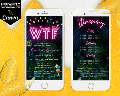 Two smartphones displaying a customizable Tropical Destination Neon Pink Who's Turning Forty Weekend invitation template from URCordiallyInvited.