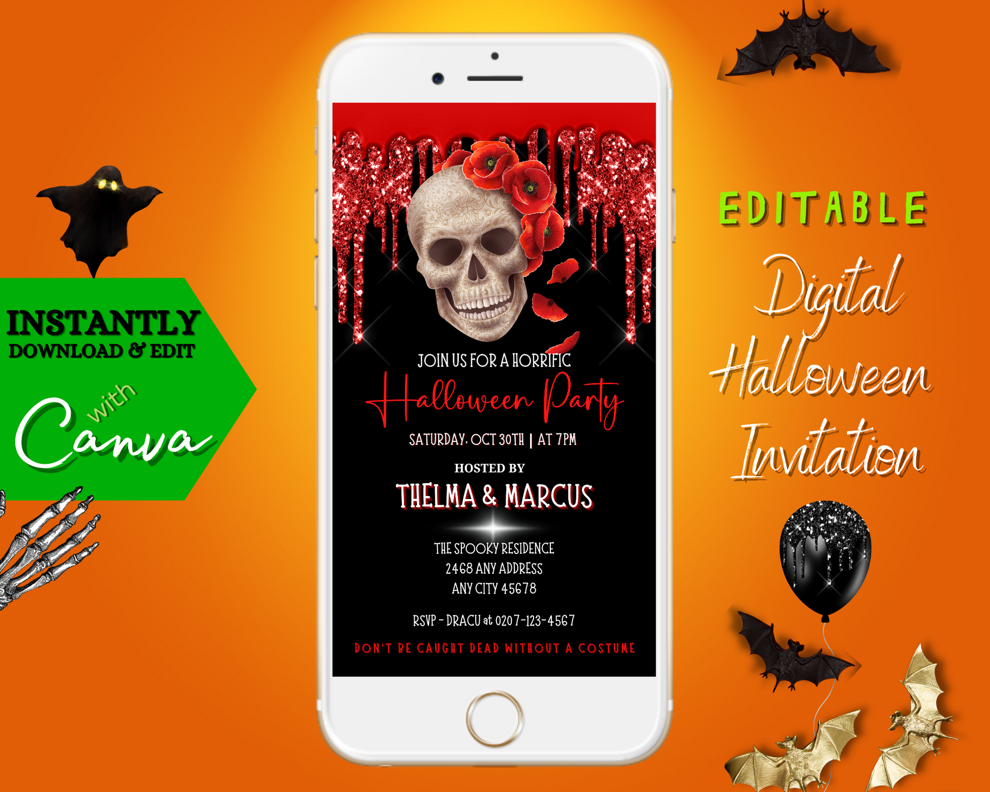 White cell phone displaying a Dripping Red Black Fancy Rosey Skull Halloween Evite template with customizable text and elements via Canva.