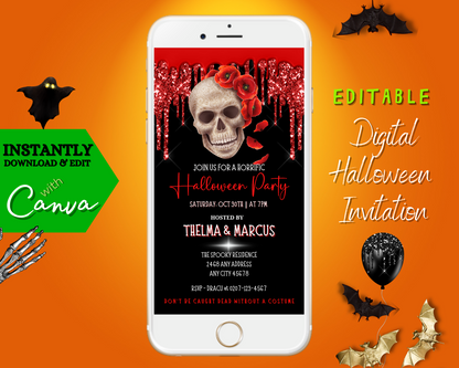 White cell phone displaying a Dripping Red Black Fancy Rosey Skull Halloween Evite template with customizable text and elements via Canva.