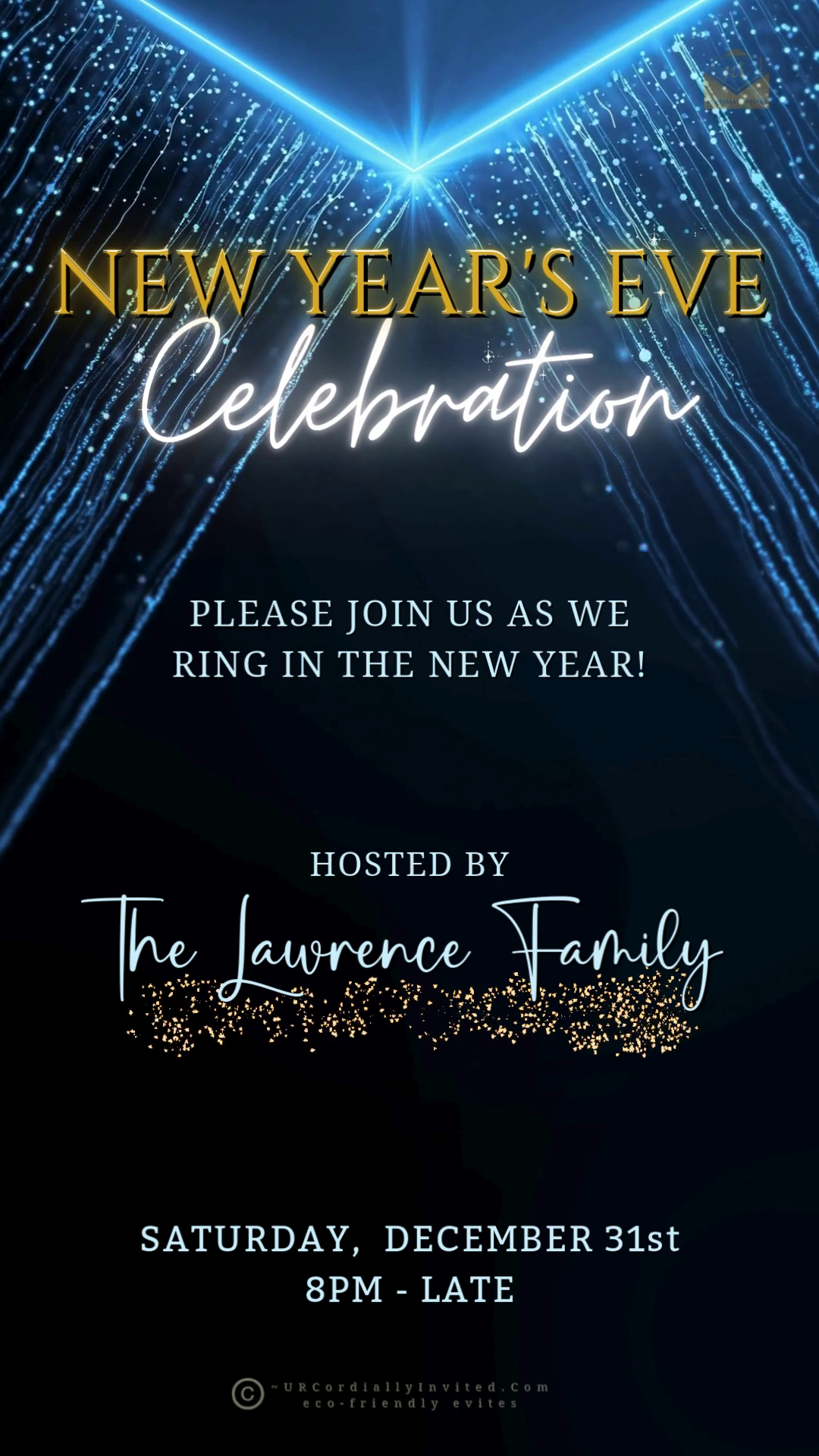 Dazzling Blue Gold New Year’s Eve Celebration Video Invitation featuring animated golden decorations and customizable text for a stylish party invite.