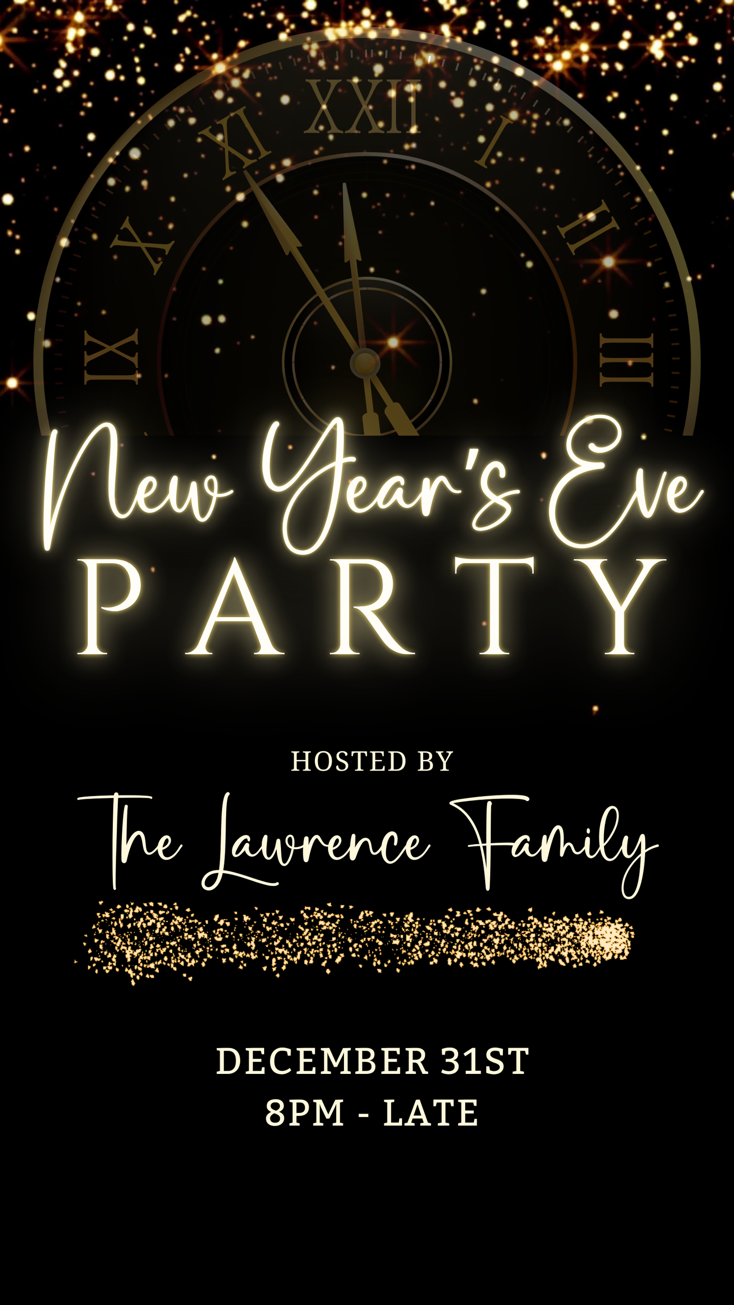 Countdown Clock New Year’s Eve Party Animated Invitation featuring a clock design, customizable text, and editable via Canva for digital sharing.