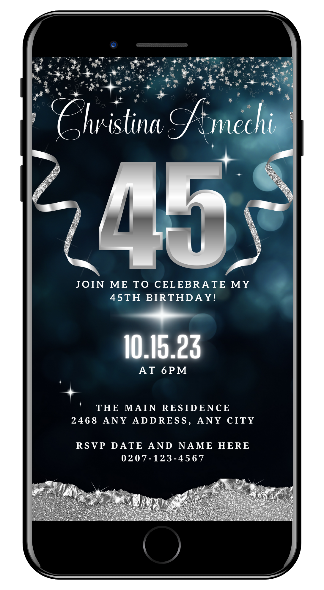 Screenshot of a Navy Blue Silver Glitter 45th Birthday Evite template for smartphones, customizable via Canva, available for instant download and electronic sharing.