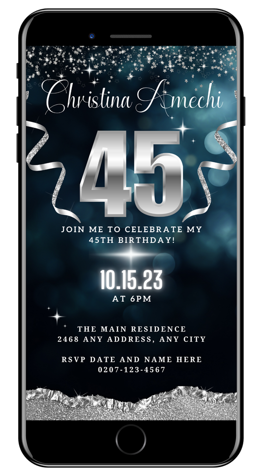 Navy Blue Silver Glitter | 45th Birthday Evite