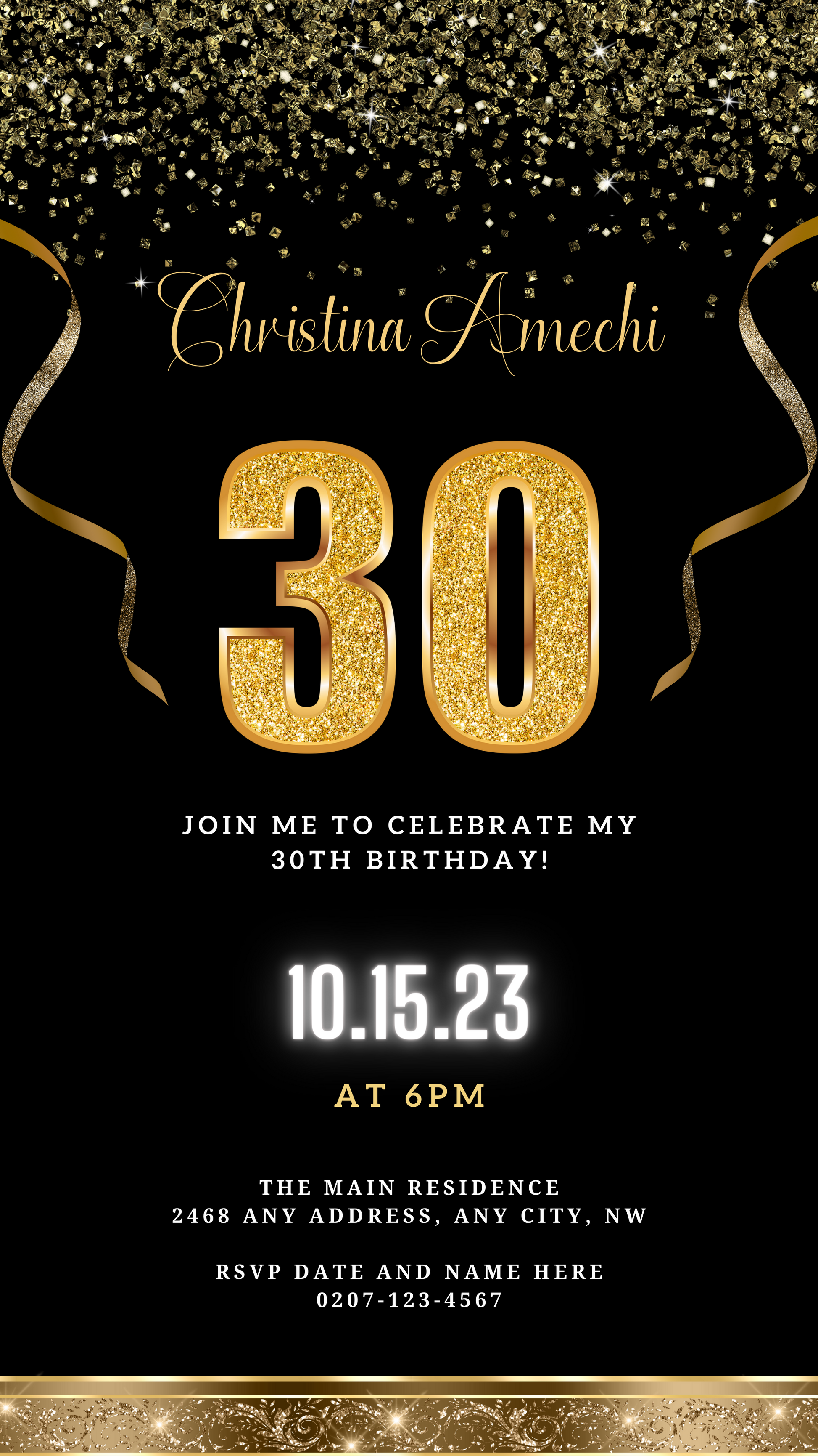 Customisable Digital Black Gold Confetti 30th Birthday Evite featuring gold glittery ribbon and confetti, editable text, and numbers on a black background, ideal for digital sharing.