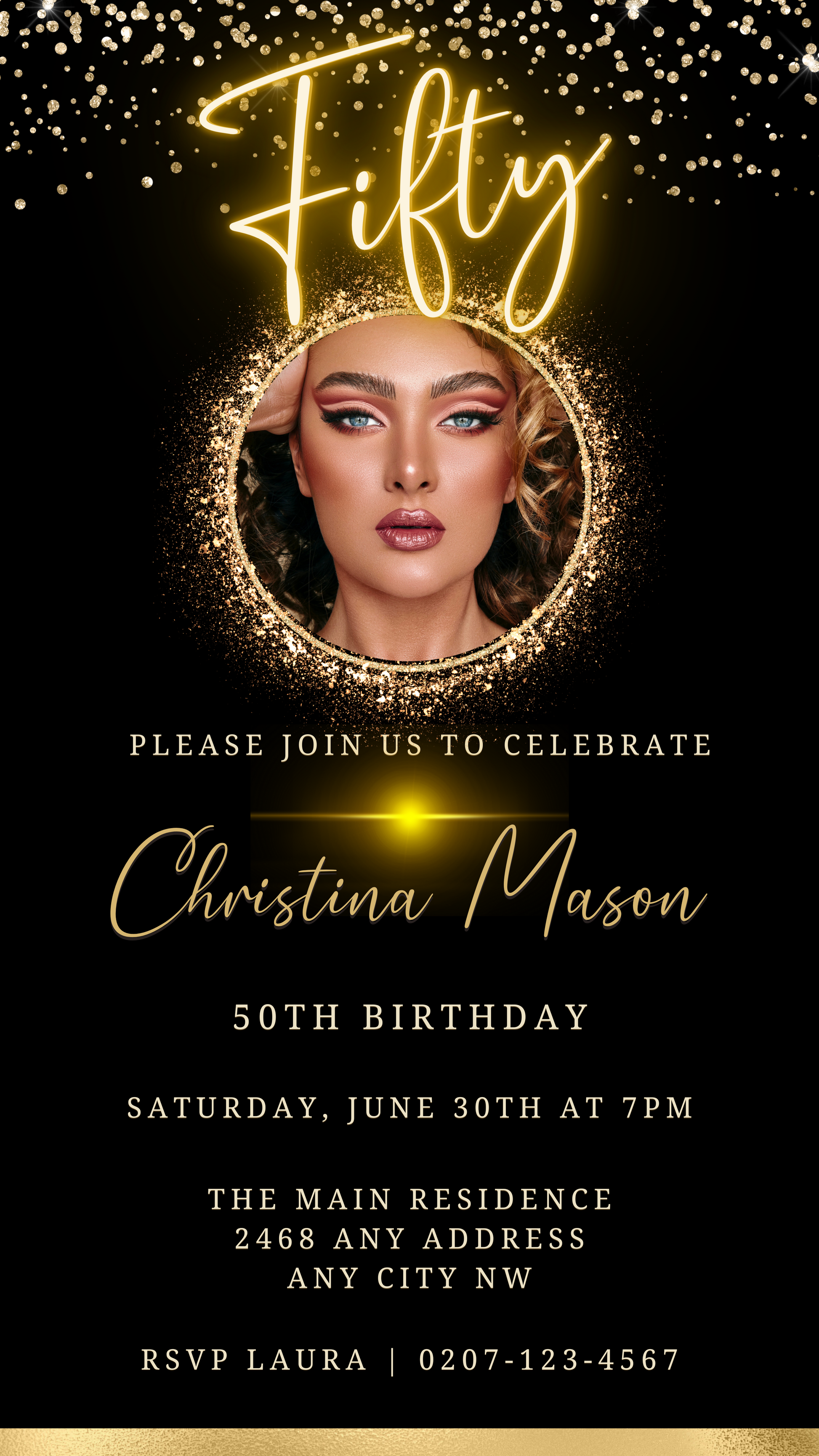 Woman with crown in an oval gold frame, promoting a customizable digital Gold Neon 50th Birthday Evite available for editing on Canva.