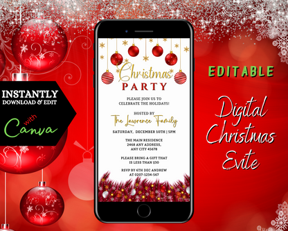 White Red Gold Ornament | Christmas Party Evite displayed on a smartphone screen, showcasing editable invitation text and decorative holiday-themed elements.