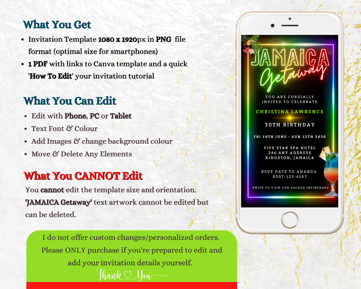 Jamaica Colourful Neon | Getaway Party Evite displayed on a white smartphone screen, showcasing customizable event details for digital invitations.