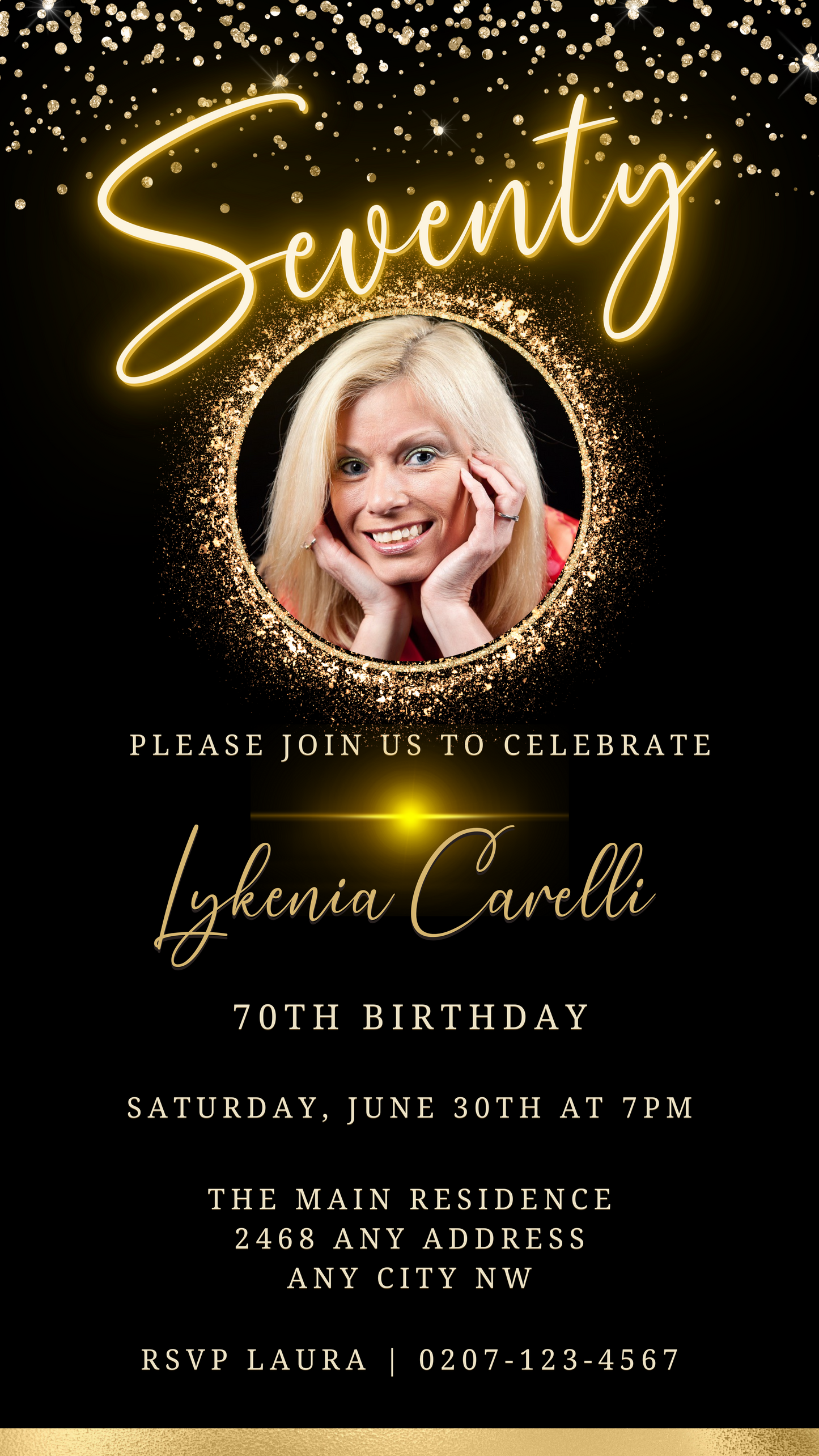 Woman's face with gold text overlay, promoting a customizable Gold Neon Oval Photo Frame for a 70th Birthday Evite, editable in Canva.