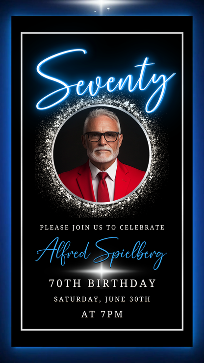 Man in a red suit and tie, used to promote the Blue & Silver 70th Birthday Video Invitation with Oval Photo Frame by URCordiallyInvited.