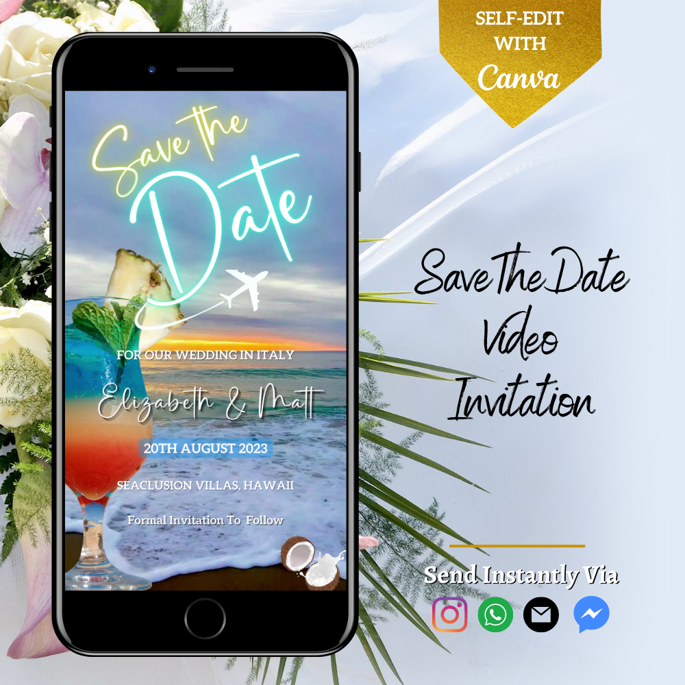 Customizable Sunset Beach Cocktail Save The Date video invitation displayed on a smartphone screen, featuring a beach scene with a flower, for URCordiallyInvited.