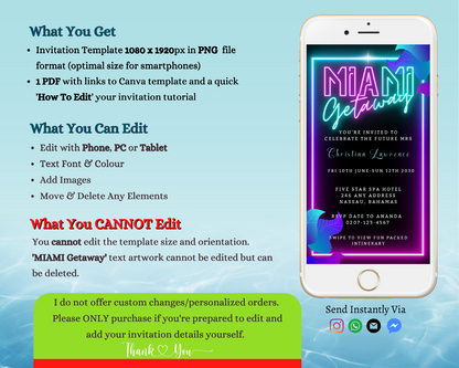 Smartphone displaying Miami Teal Pink Neon Getaway Party Evite, customizable via Canva for personalized digital invitations.