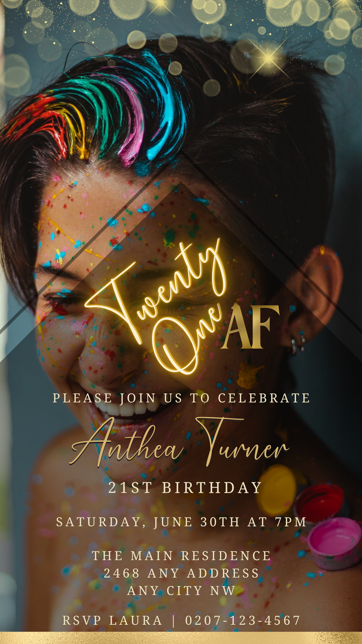 Woman with confetti on her face, promoting a customizable Photo Background Gold | 21AF Birthday Evite template from URCordiallyInvited for digital invitations using Canva.