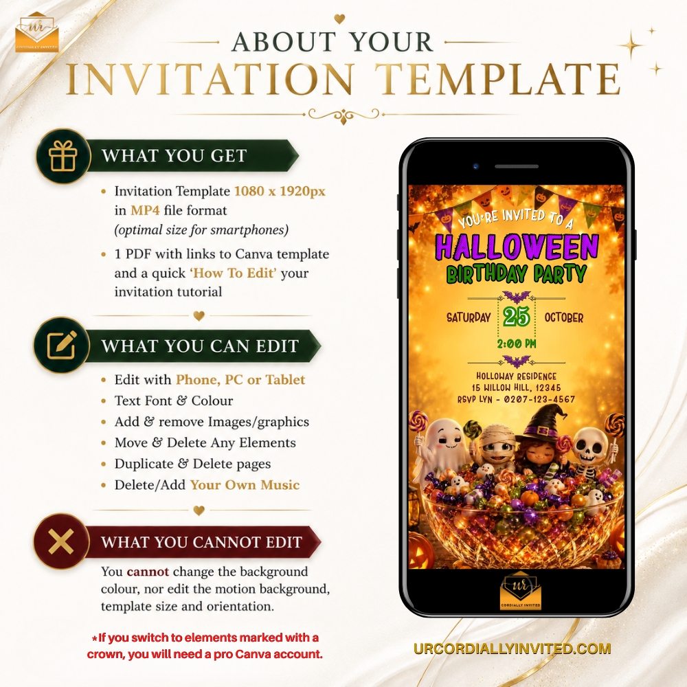 Promotional graphic for a digital invitation template, showing an example Halloween birthday party design inside a smartphone mockup. The left side lists features such as MP4 file format, editable text and graphics, and phone/tablet compatibility.