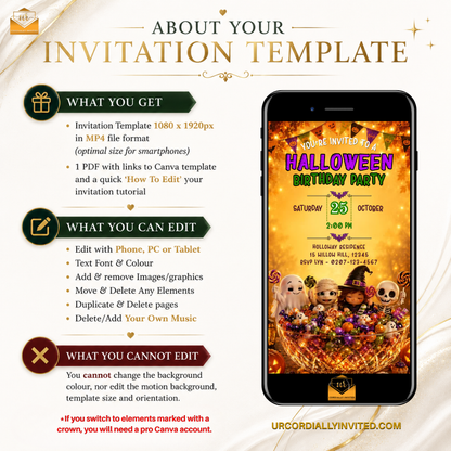Promotional graphic for a digital invitation template, showing an example Halloween birthday party design inside a smartphone mockup. The left side lists features such as MP4 file format, editable text and graphics, and phone/tablet compatibility.