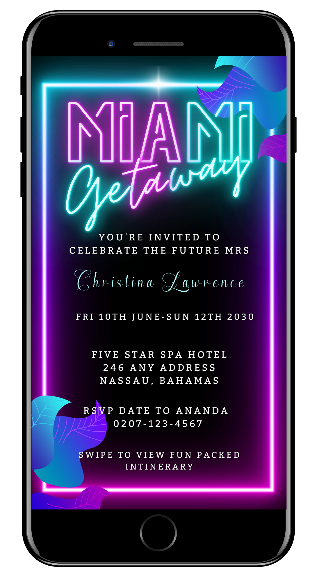 Miami Teal Pink Neon Getaway Party Evite displayed on phone screen, featuring customizable neon text and graphics, editable via Canva for easy event personalization.