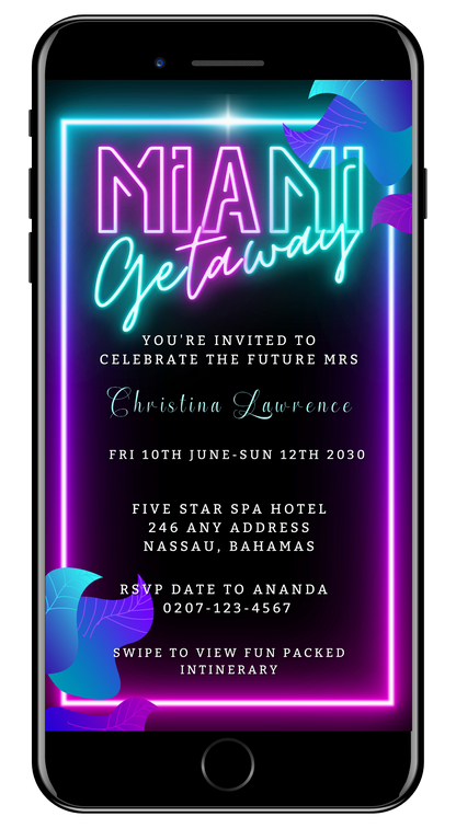 Miami Teal Pink Neon Getaway Party Evite displayed on phone screen, featuring customizable neon text and graphics, editable via Canva for easy event personalization.
