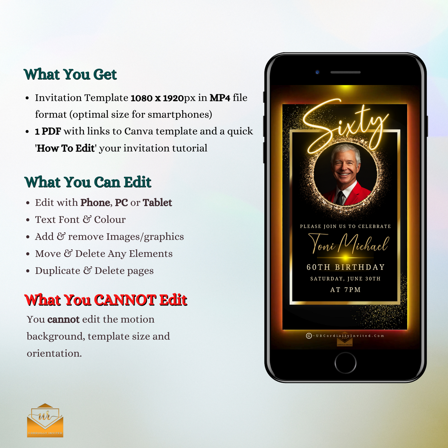 50th Birthday Video Invitation on a mobile screen showcasing a man in a red suit, featuring a black and gold oval photo frame design.