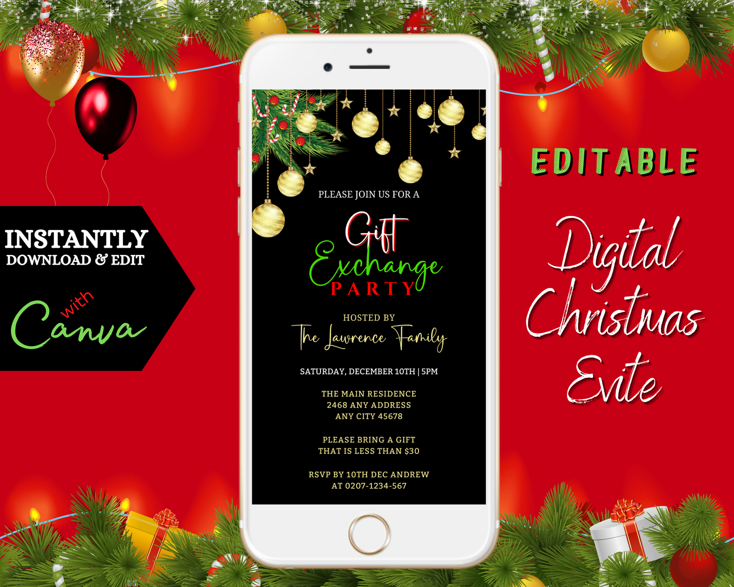 Gold Red Ornament Gift Exchange | Christmas Party Invitation on a white phone, red background, and green garlands. Editable via Canva for digital sharing.