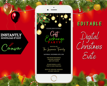 Gold Red Ornament Gift Exchange | Christmas Party Invitation on a white phone, red background, and green garlands. Editable via Canva for digital sharing.