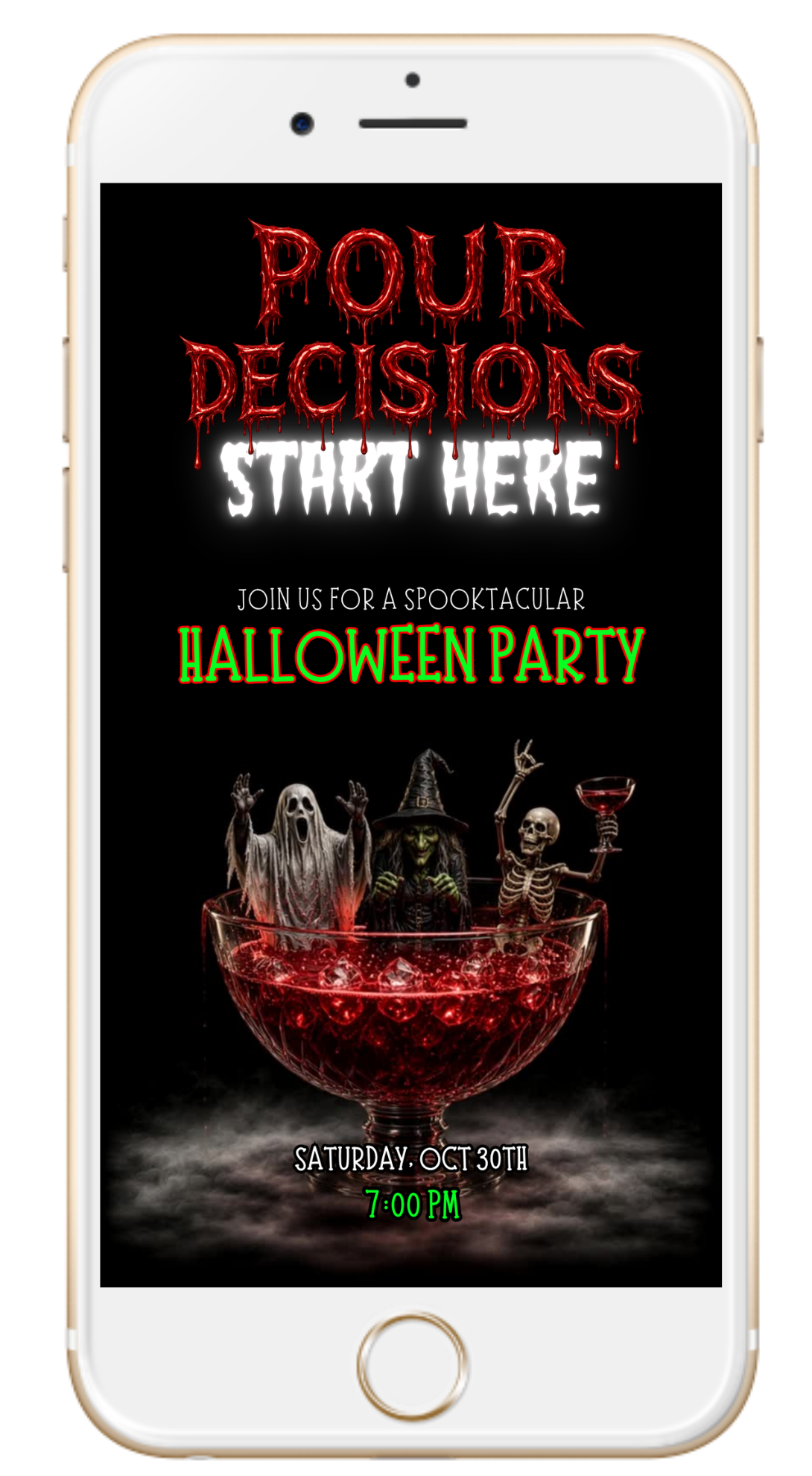 Animated Halloween invitation with cartoon ghouls dancing in a red punch bowl, playful style, on a phone screen.