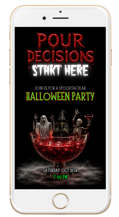 Animated Halloween invitation with cartoon ghouls dancing in a red punch bowl, playful style, on a phone screen.